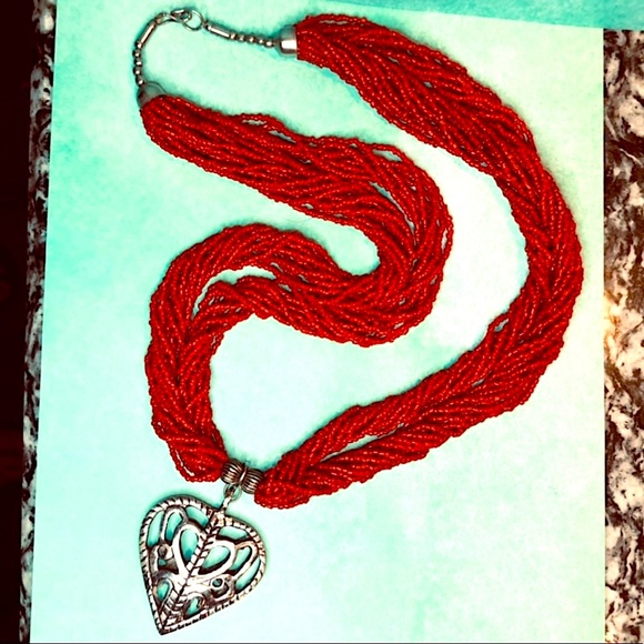 Vintage Jewelry - VINTAGE RED CORAL BEAD NECKLACE SILVER HEART MULTI STRAND ARTISAN HANDMADE ANTIQ